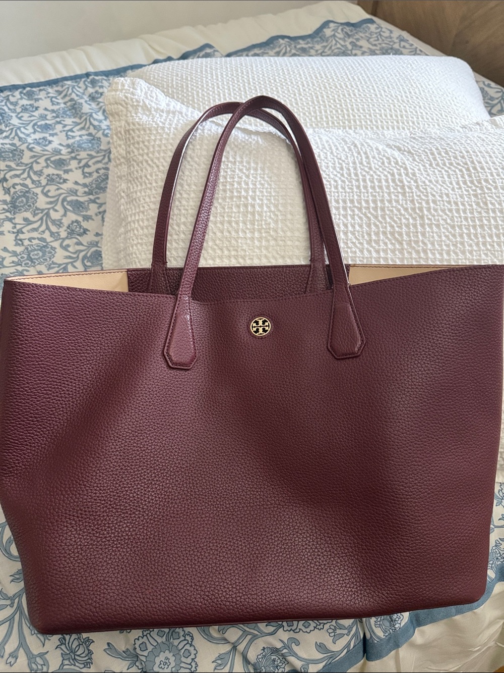 Tory Burch Perry Burgundy Pebbled Leather Tote with Gold Logo
